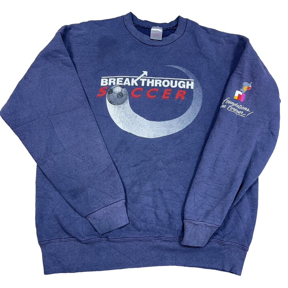 Vintage Soccer Sweatshirt Men XL Blue Crewneck Sun Faded 90s Breakthrough Grunge